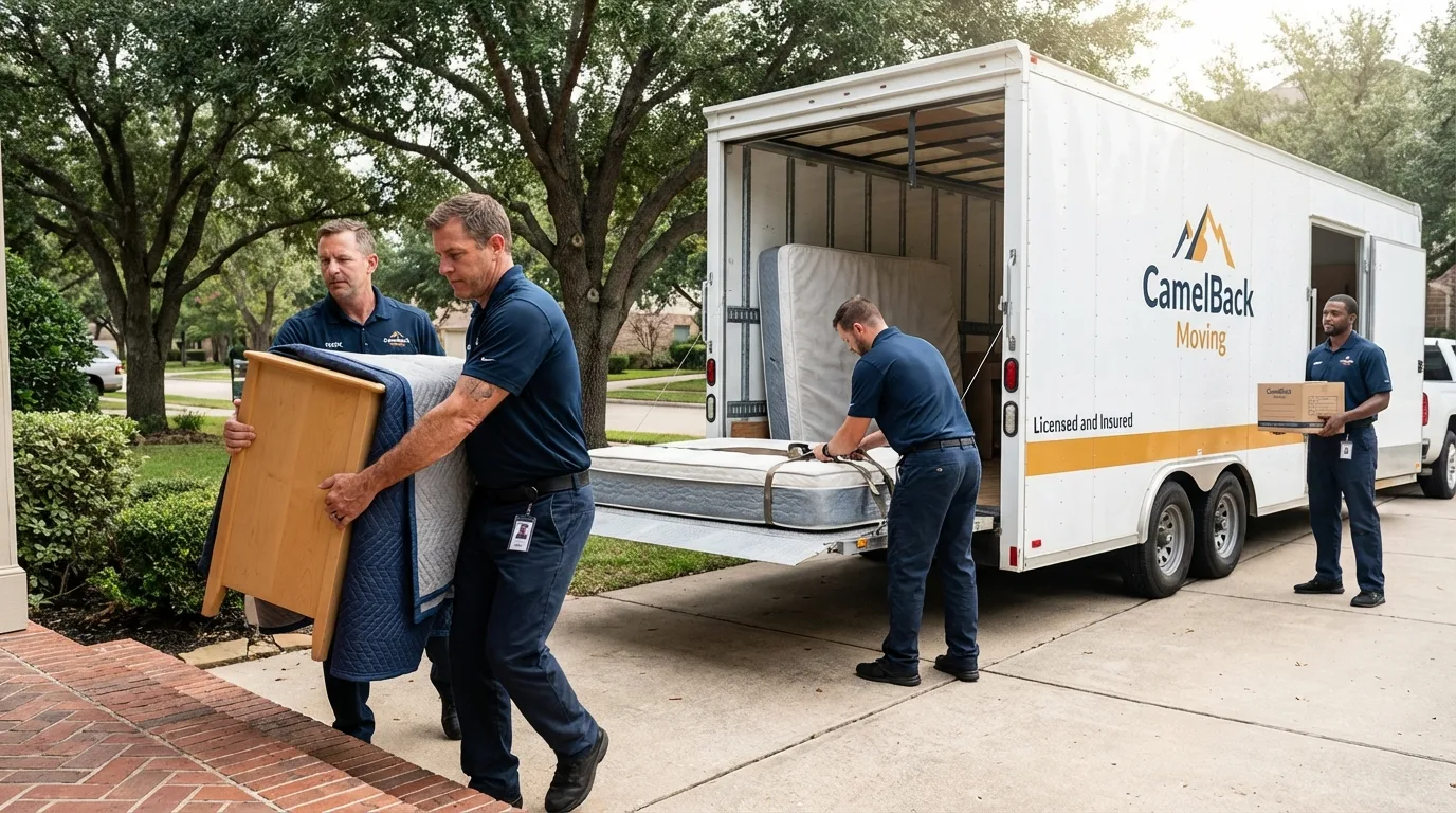 Crew loading residential truck for cross-state move from Victor, NY