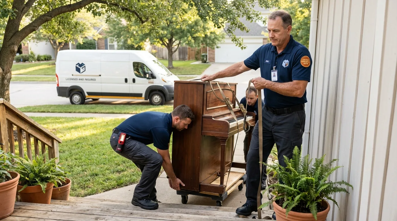 Licensed piano movers securing grand piano in Victor, NY