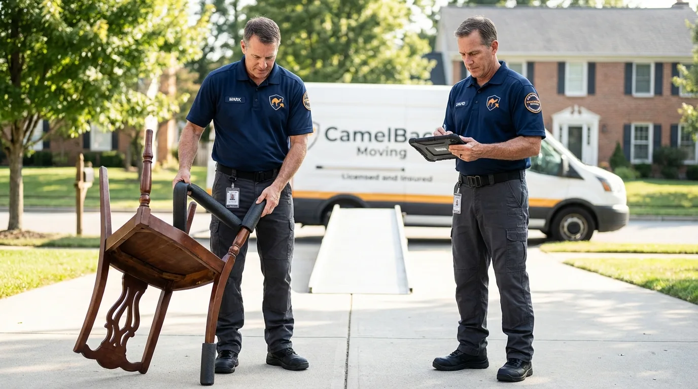 Movers inspecting furniture for damage prevention before loading in Victor, NY