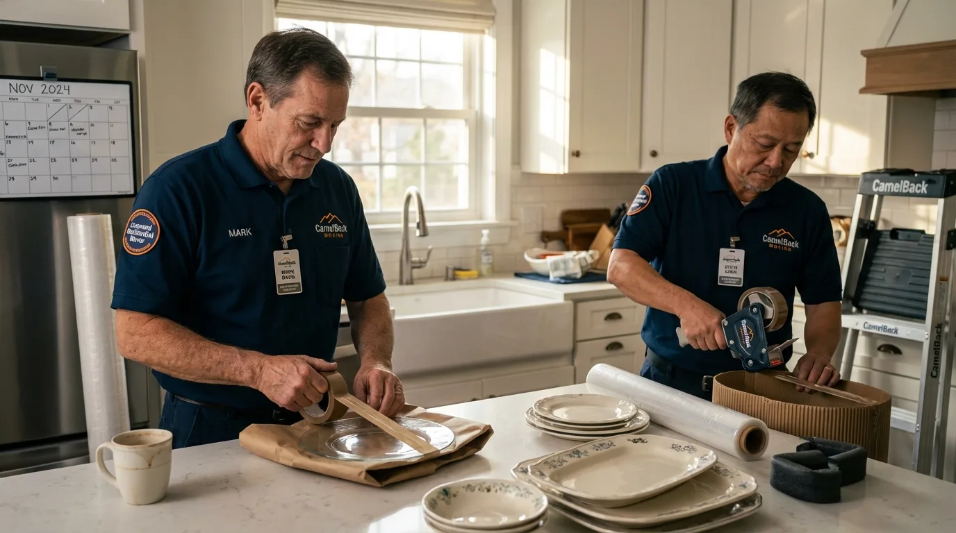 Professional crew packing kitchen dishware in Victor, NY